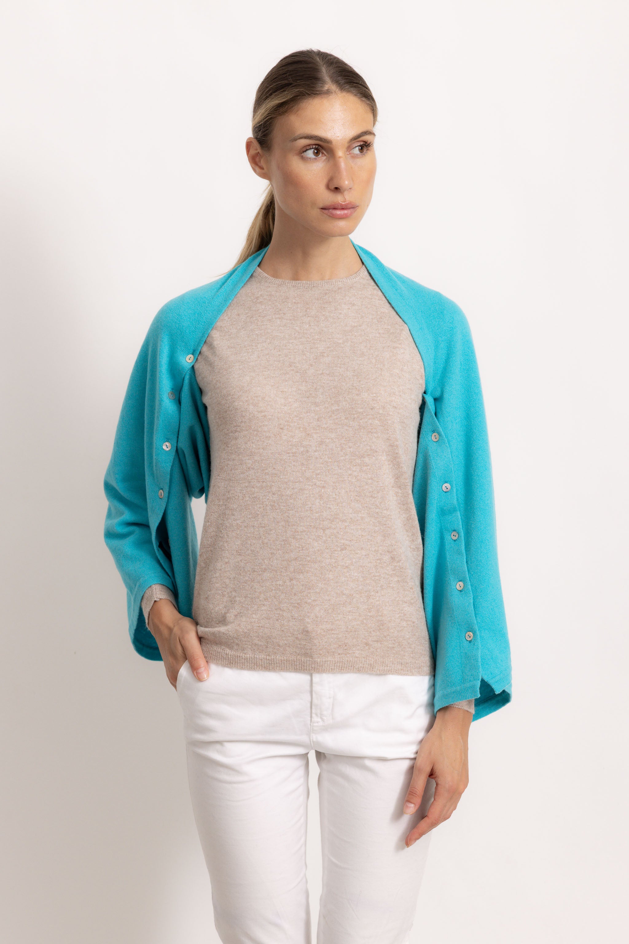 LAVINIA - Poncho con bottoni (Turchese)