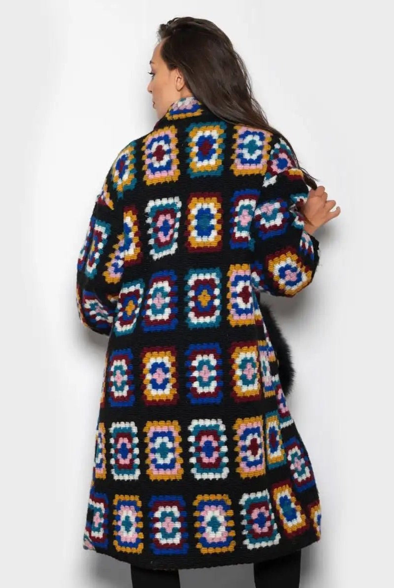 Cappottino Con Tasche In Volpe Fantasia Crochet Nero - Elisabettapanerai