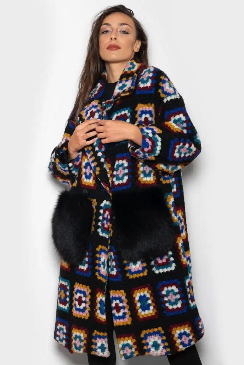 Cappottino Con Tasche In Volpe Fantasia Crochet Nero - Elisabettapanerai