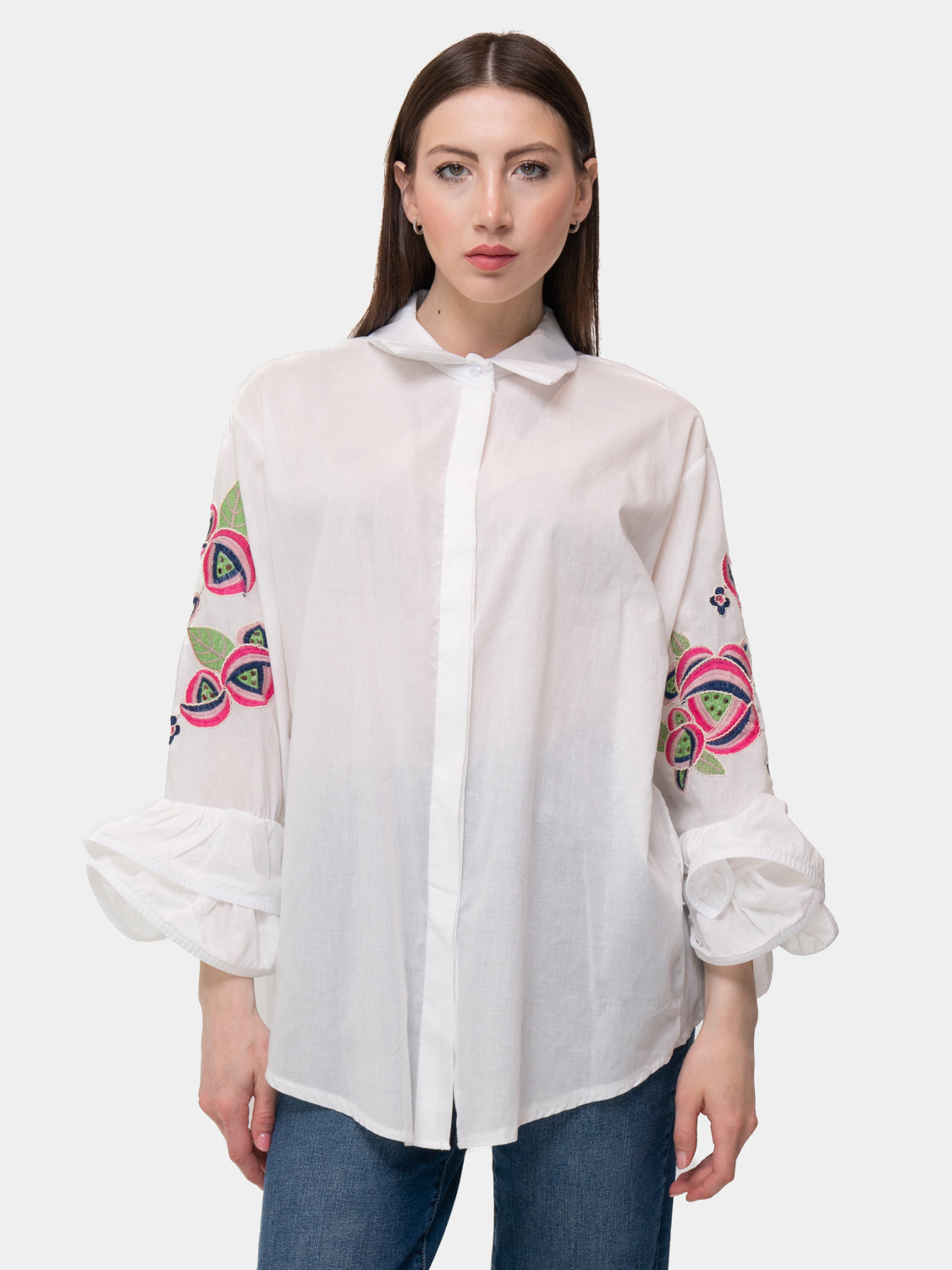 Camicia FLAMENCO - Roselline geometriche su braccio - Rosa blu e verde su bianco