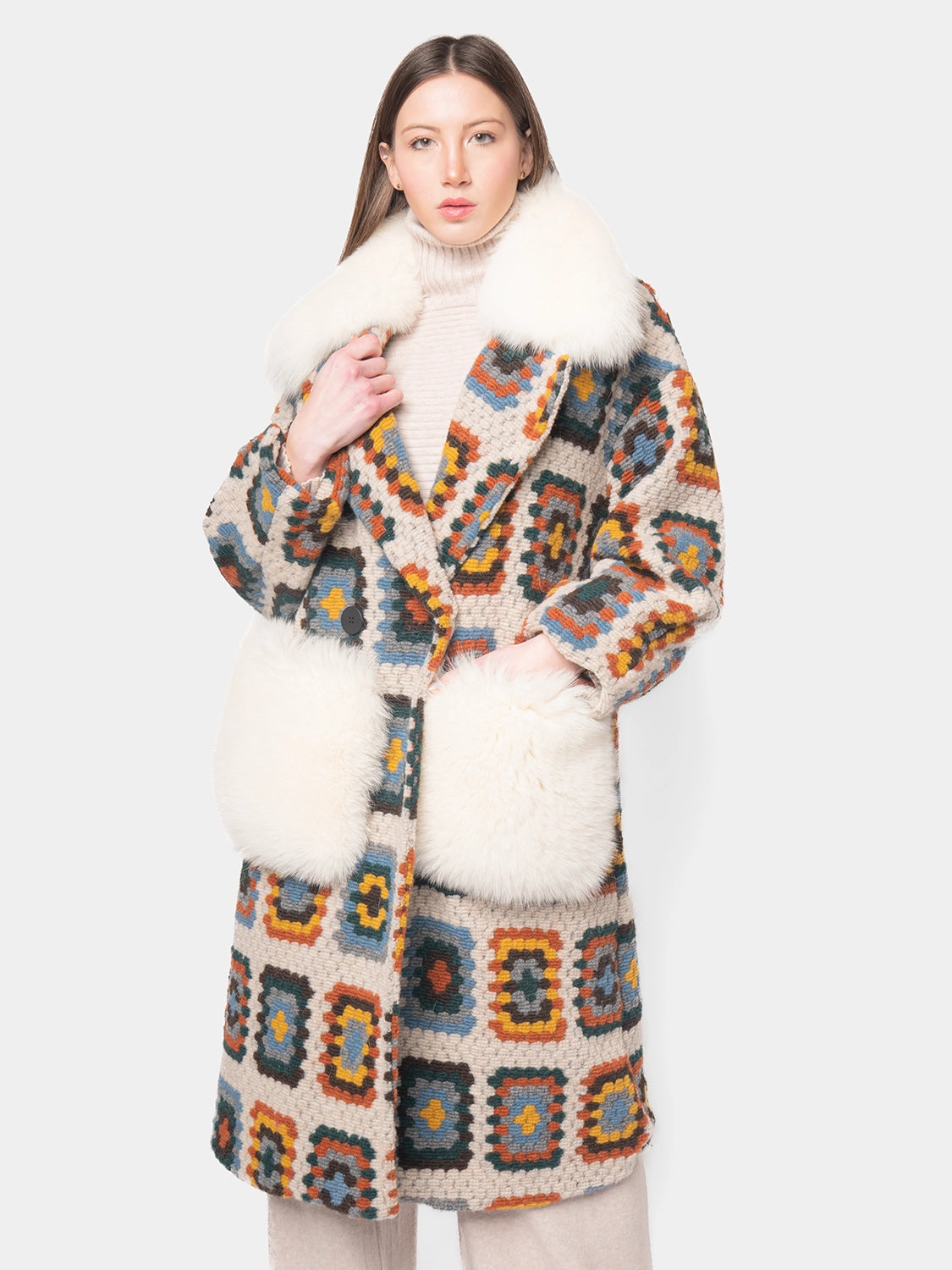 CROCHET COAT - Yellow and light blue on cream