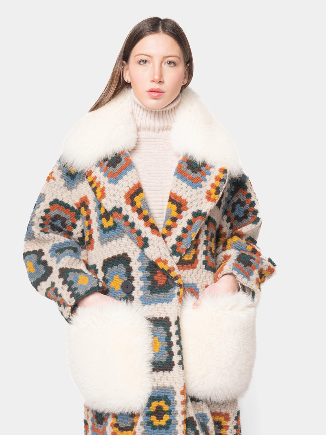 CROCHET COAT - Yellow and light blue on cream