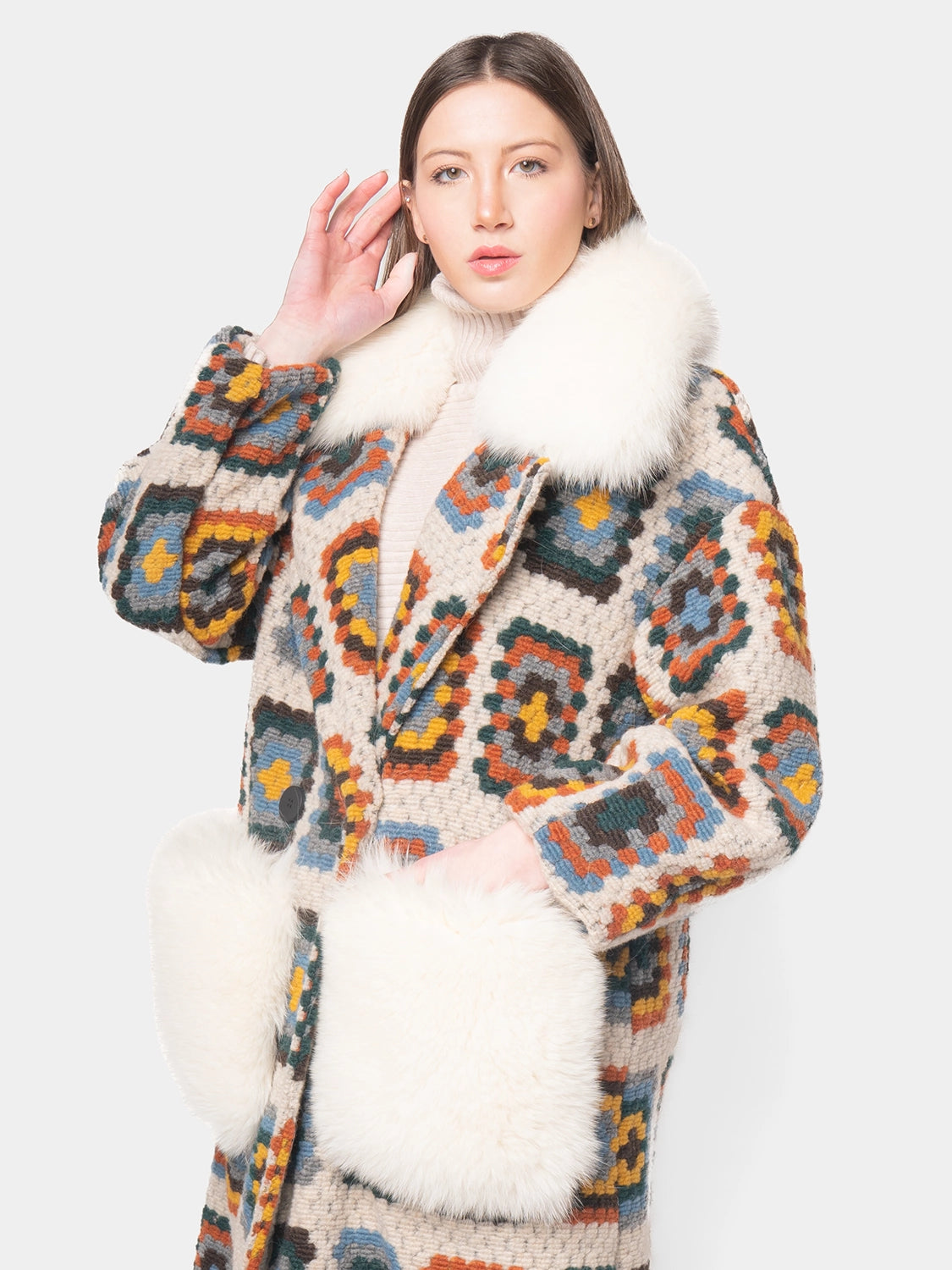 CROCHET COAT - Yellow and light blue on cream