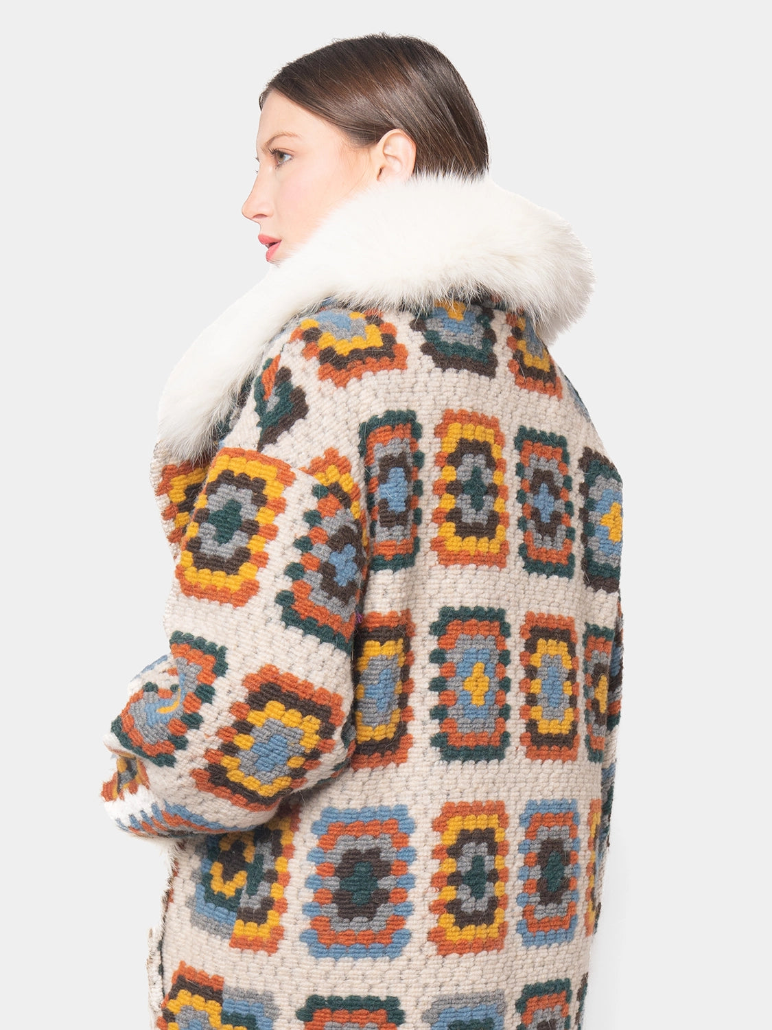 CROCHET COAT - Yellow and light blue on cream