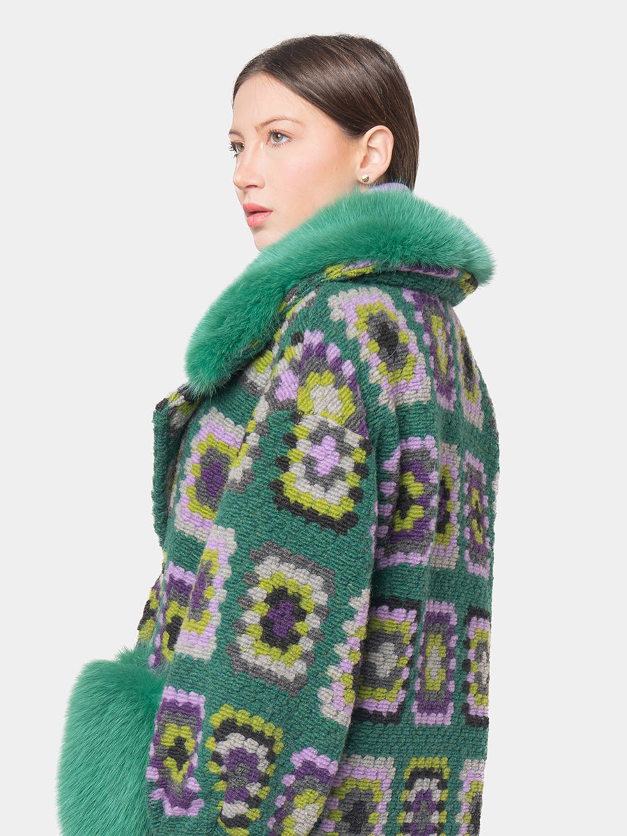 CROCHET COAT - Purple and lilac on green