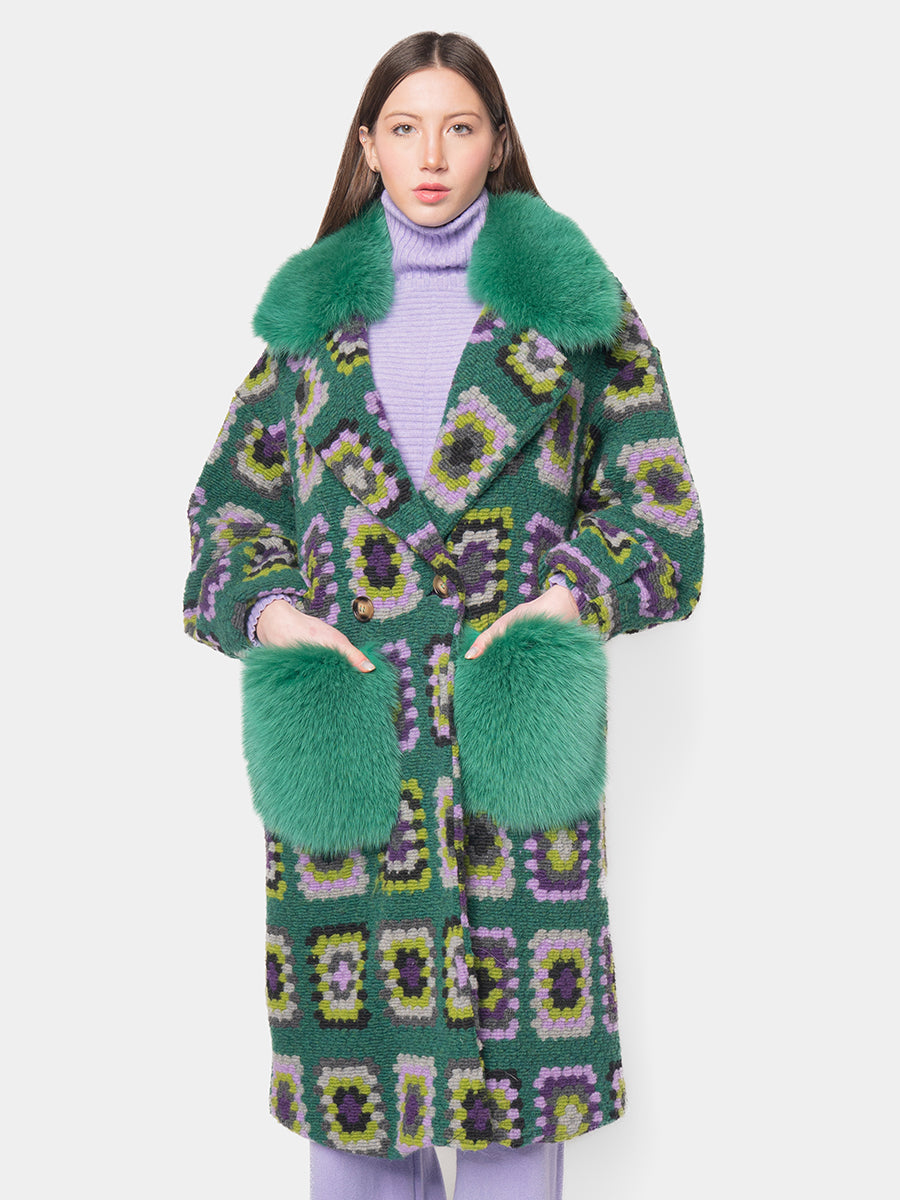 CROCHET COAT - Purple and lilac on green