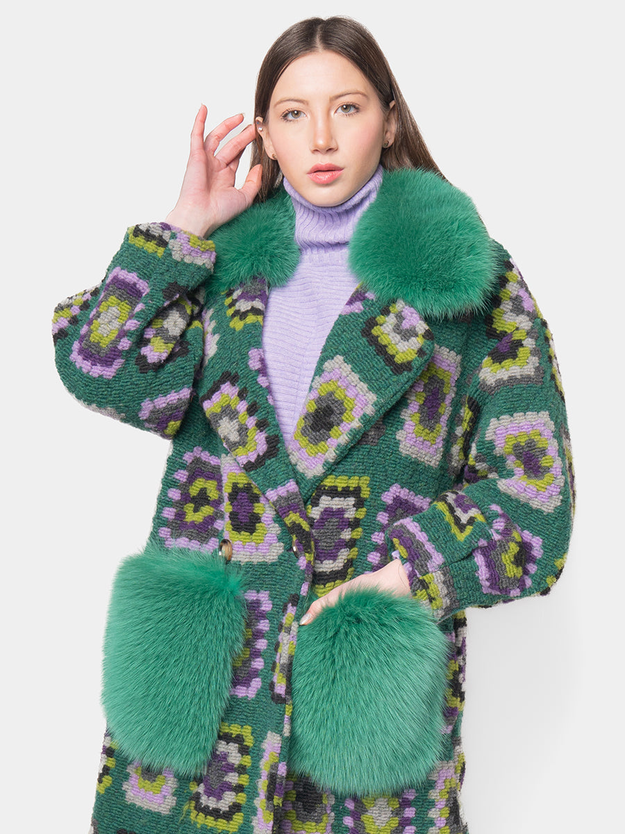 CROCHET COAT - Purple and lilac on green