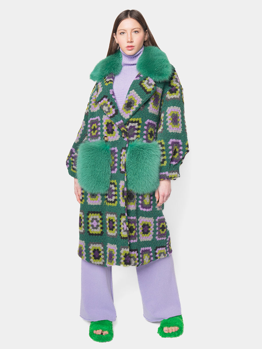 CROCHET COAT - Purple and lilac on green