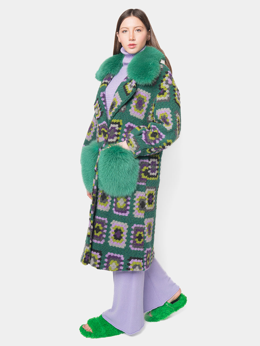 CROCHET COAT - Purple and lilac on green