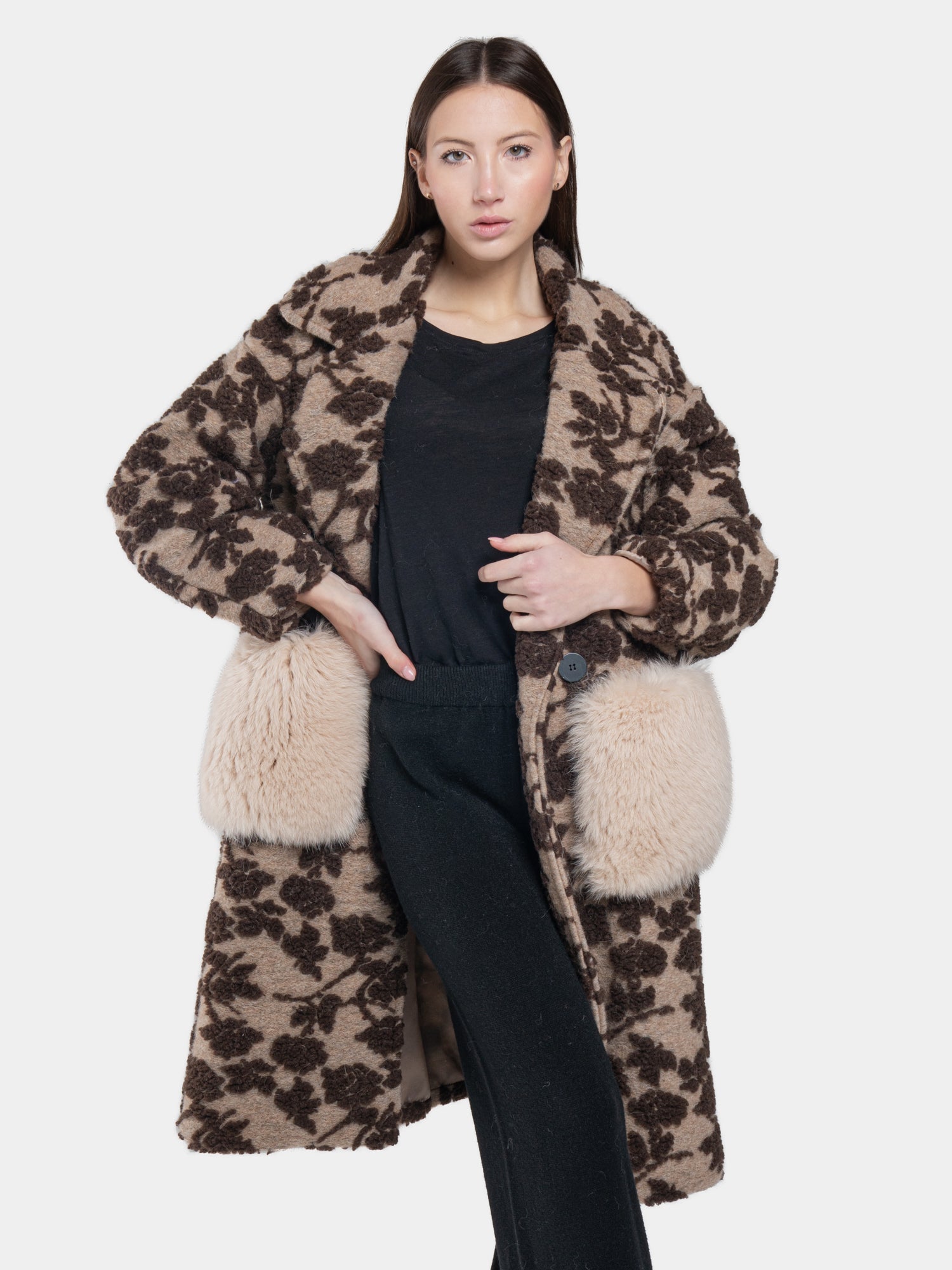 SMALL FIORI COAT - Brown on beige