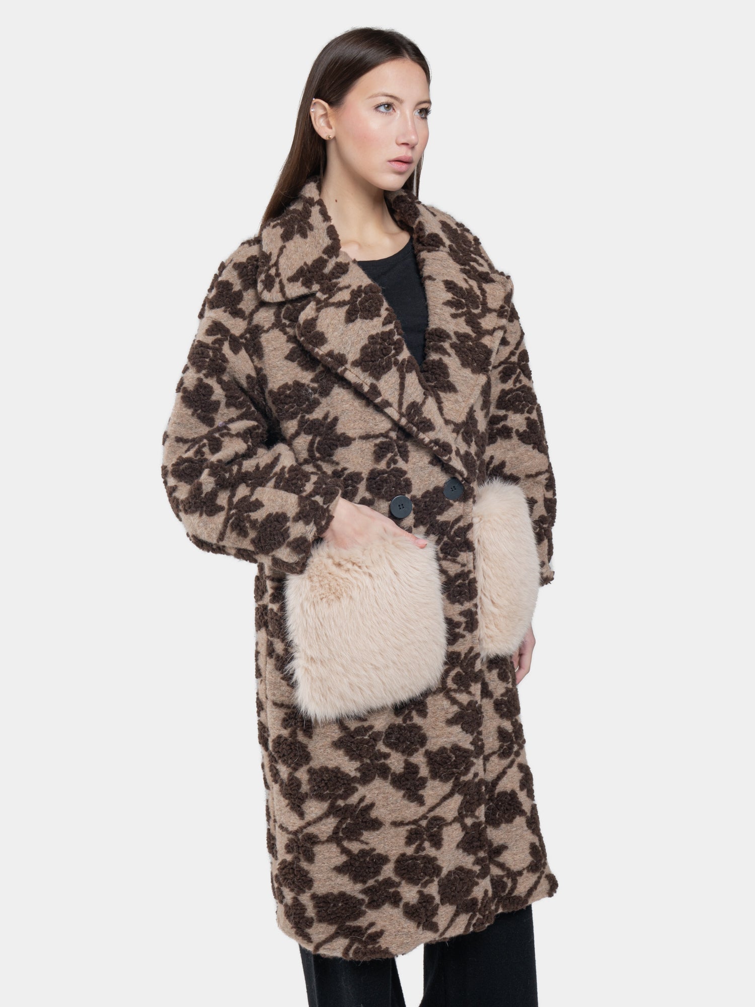 SMALL FIORI COAT - Brown on beige