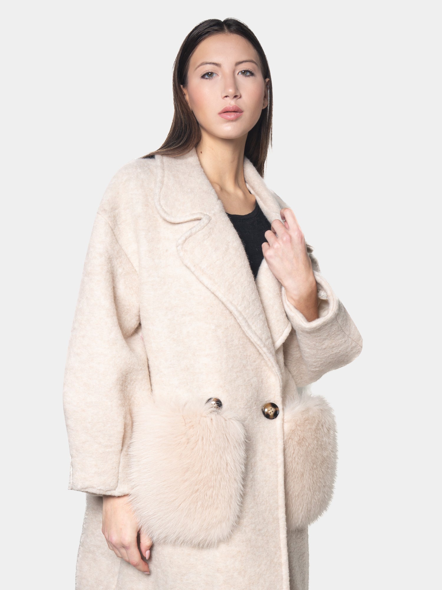 Cream Fox Coat With Pockets