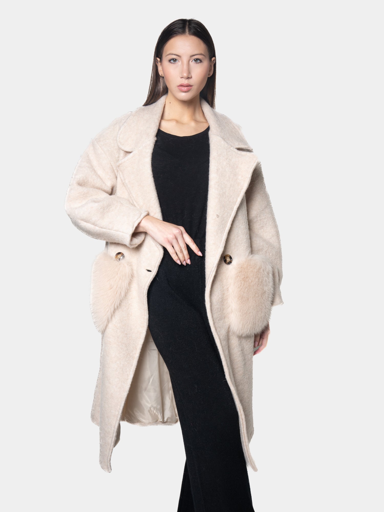 Cream Fox Coat With Pockets