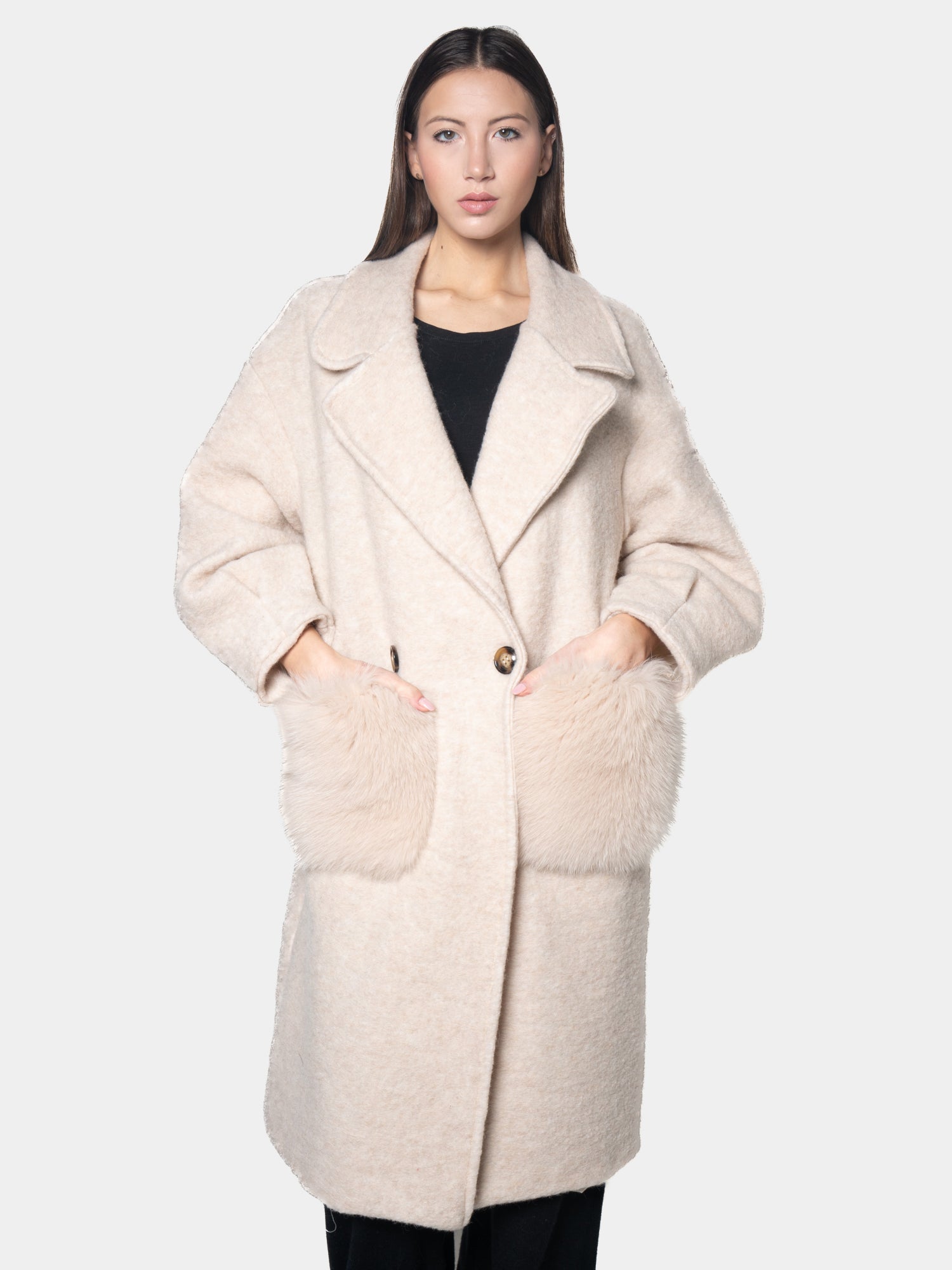 Cream Fox Coat With Pockets