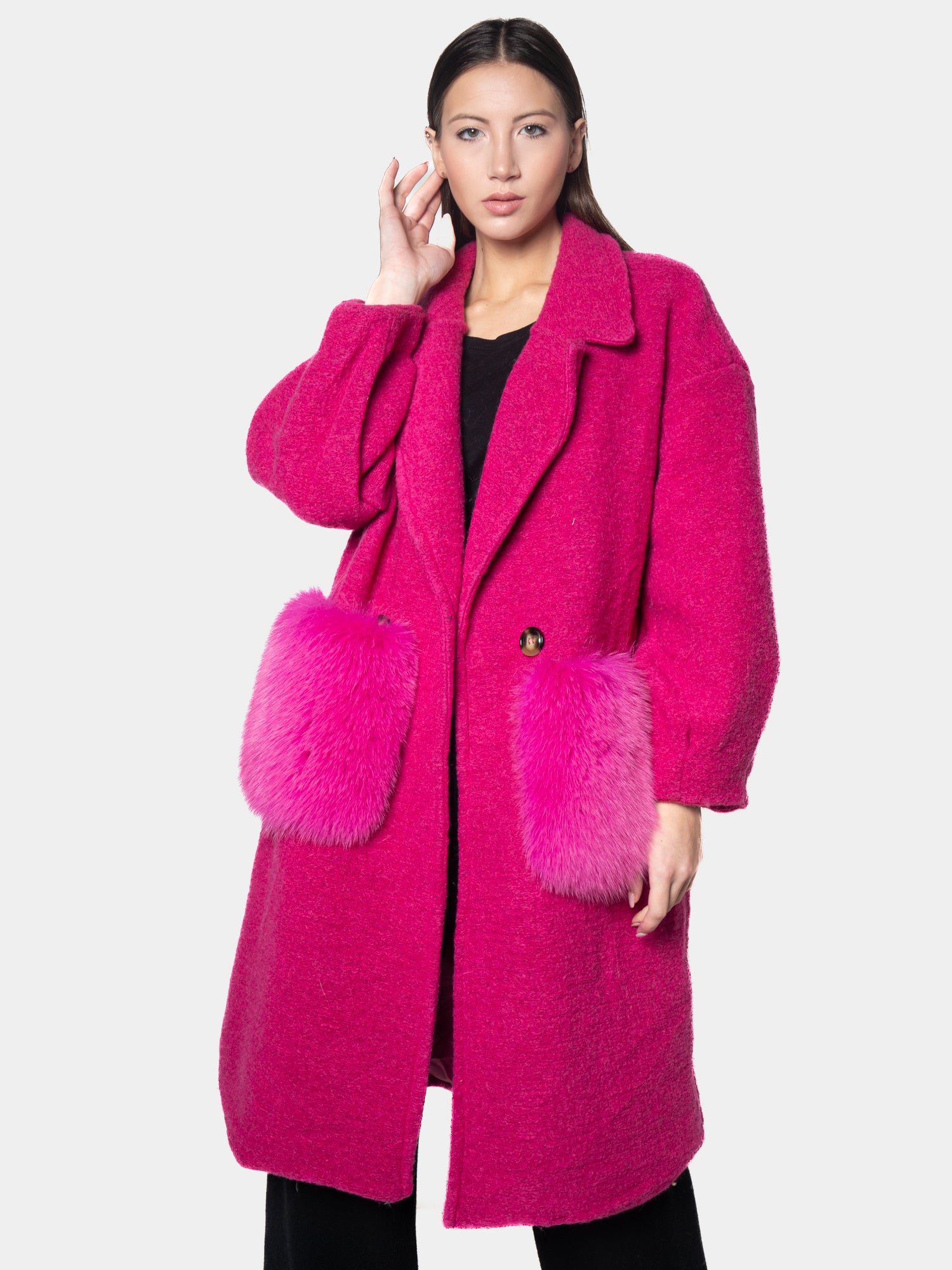 Cappottino Con Tasche In Volpe Fantasia Fucsia