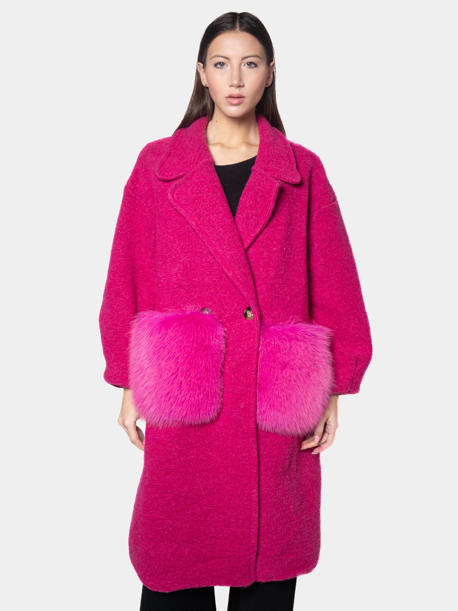 Cappottino Con Tasche In Volpe Fantasia Fucsia