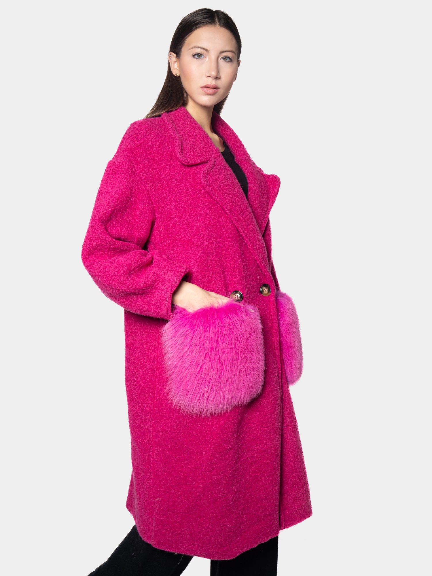 Cappottino Con Tasche In Volpe Fantasia Fucsia