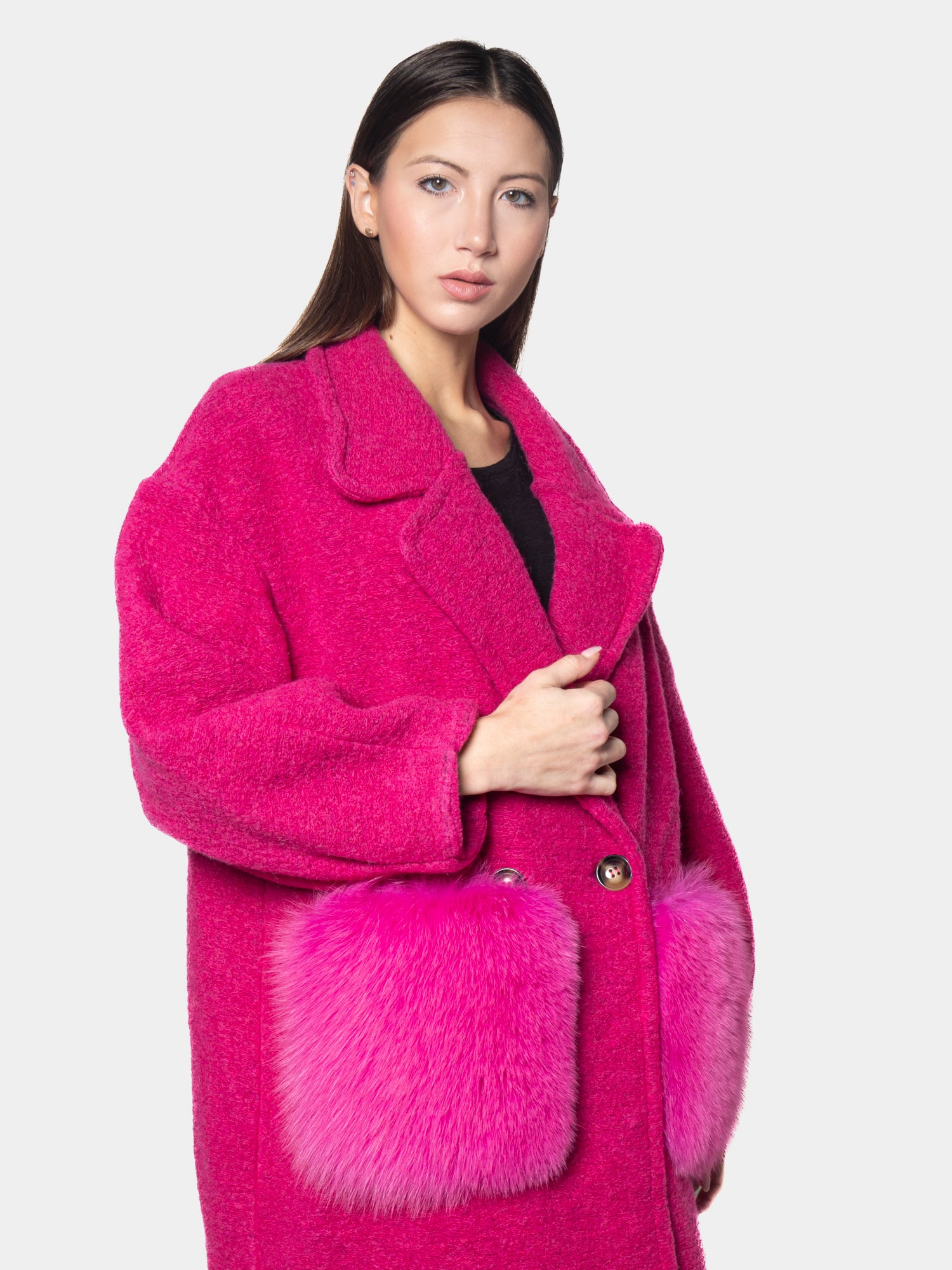 Cappottino Con Tasche In Volpe Fantasia Fucsia