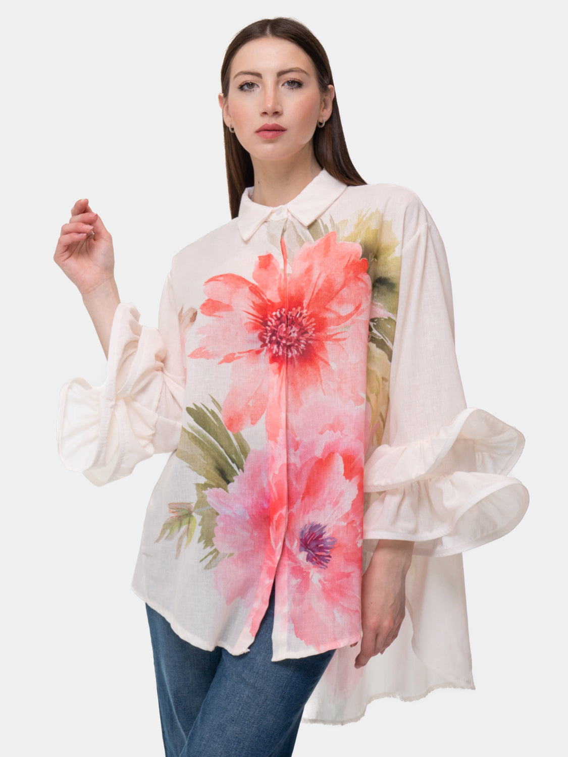 Camicia FLAMENCO - Fiori rosa - Bianco