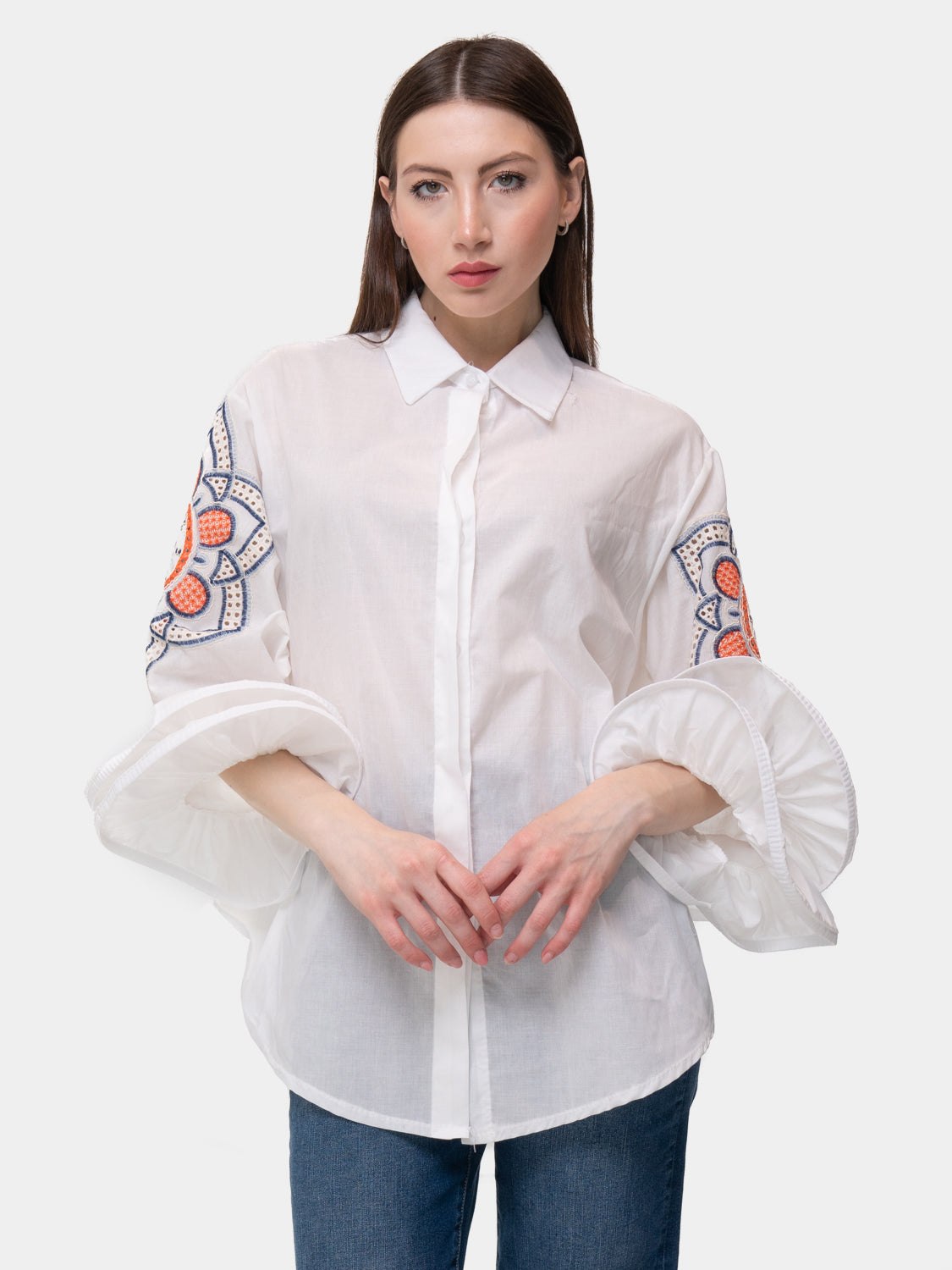 FLAMENCO shirt - Geometric pattern on arm - Red and blue on white