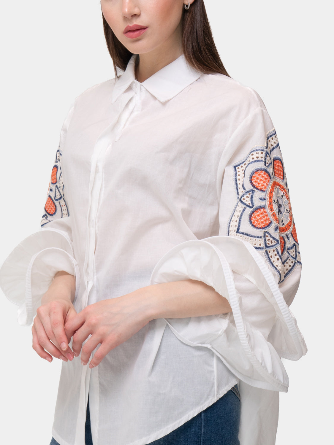 FLAMENCO shirt - Geometric pattern on arm - Red and blue on white