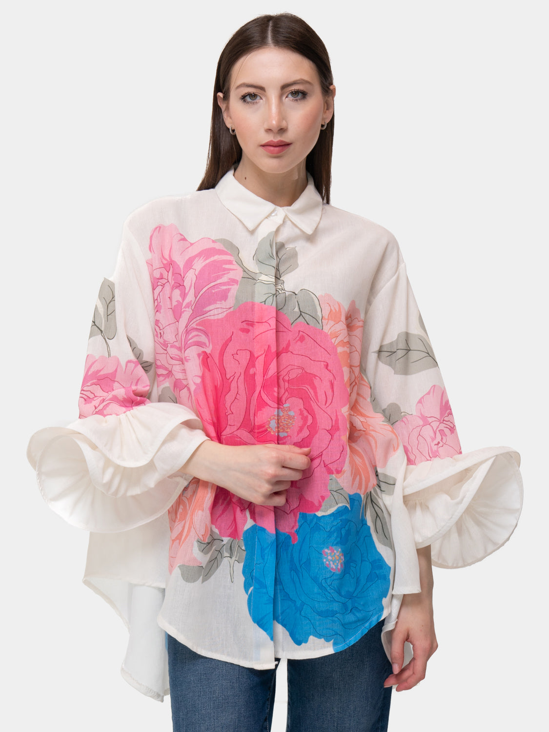 Camicia FLAMENCO - Fiori Rosa e Blu - Bianco