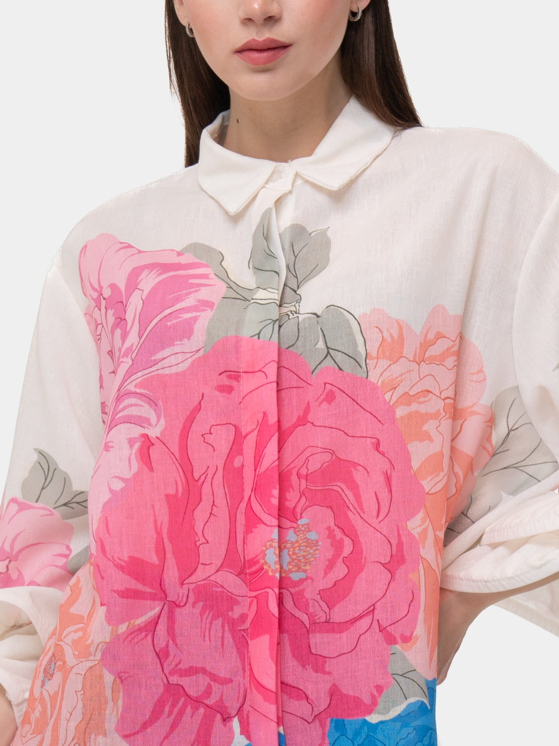 Camicia FLAMENCO - Fiori Rosa e Blu - Bianco