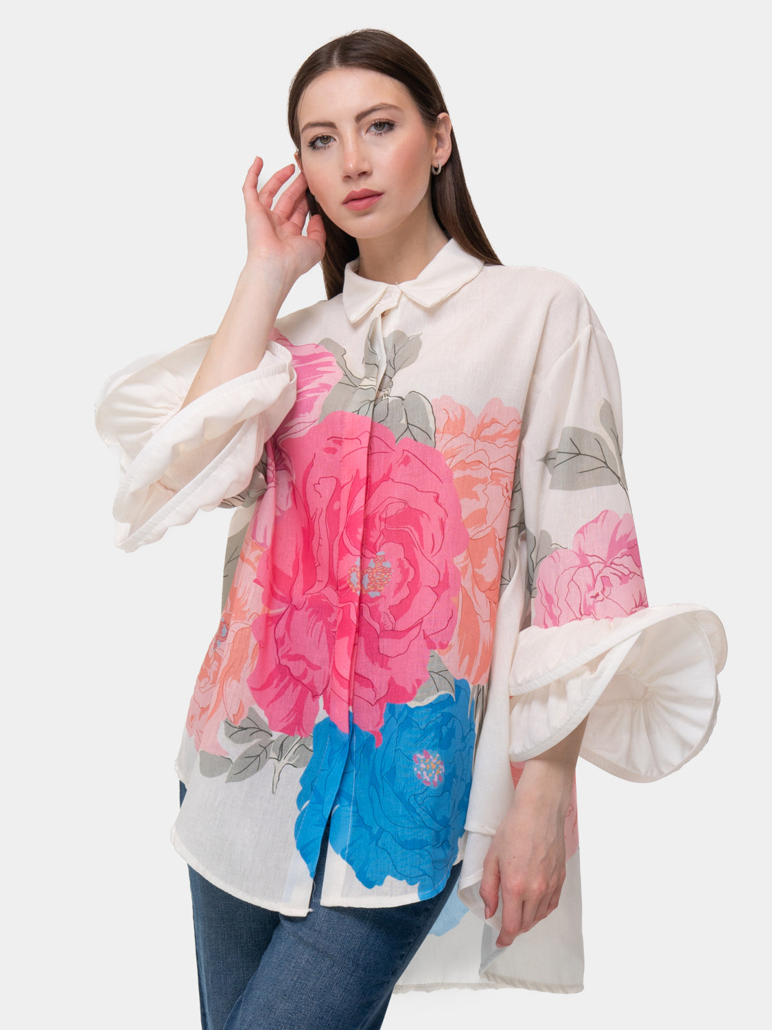 Camicia FLAMENCO - Fiori Rosa e Blu - Bianco