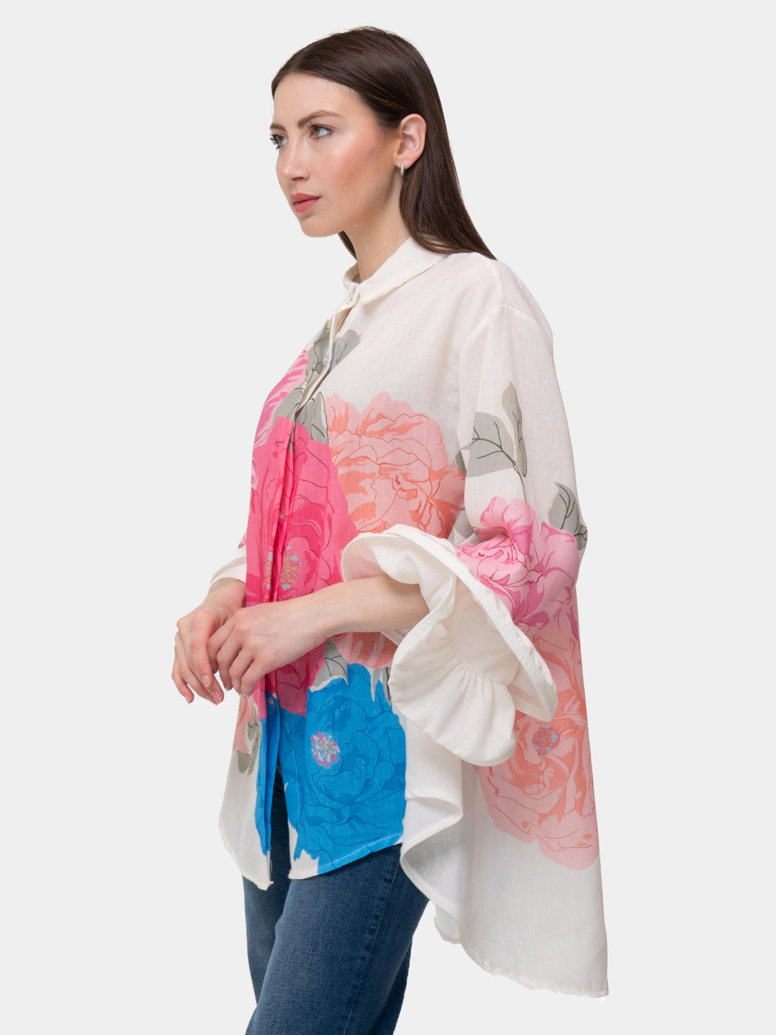 FLAMENCO Shirt - Pink and Blue Flowers - White