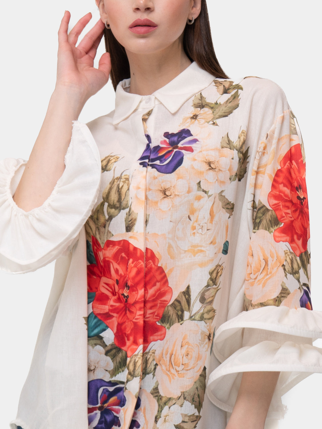 Camisa FLAMENCA - Rosa roja y flores blancas y moradas - Blanco