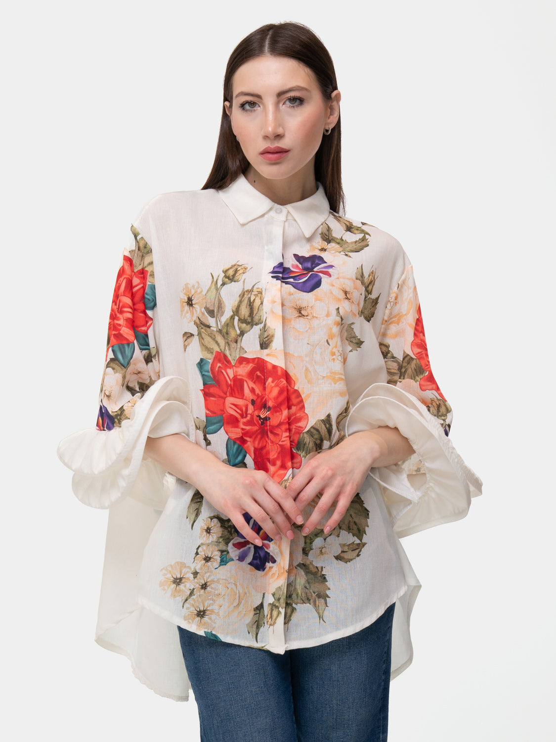 Camisa FLAMENCA - Rosa roja y flores blancas y moradas - Blanco