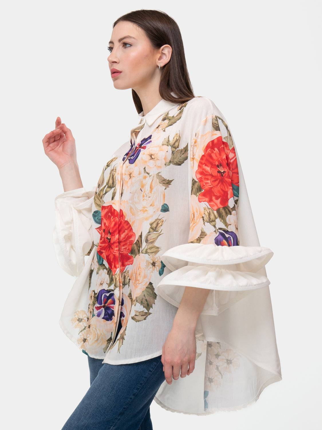 FLAMENCO Shirt - Red rose and white and purple flowers - White