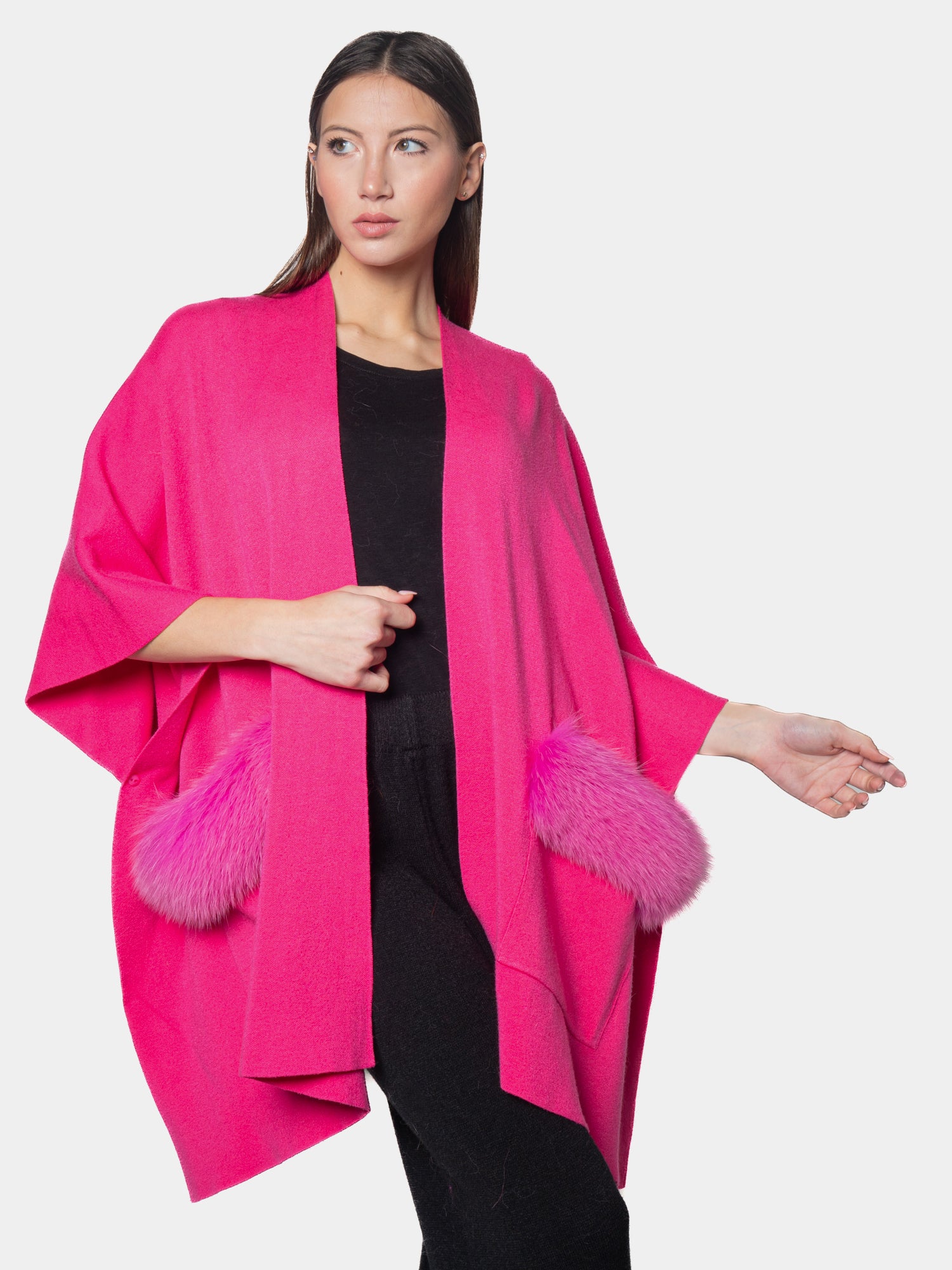 CANNES - Kimono with fur on the pockets Fuchsia