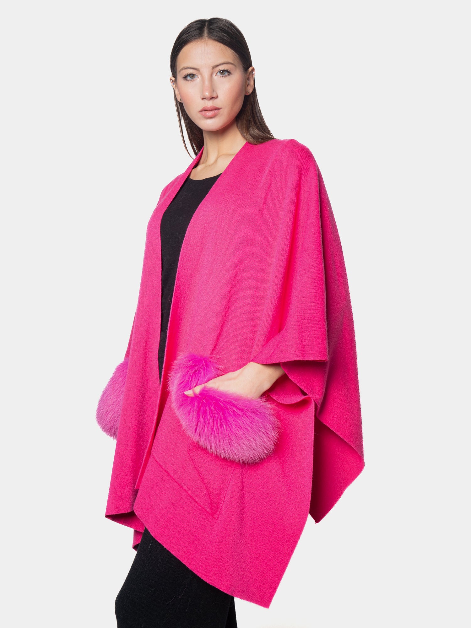 CANNES - Kimono with fur on the pockets Fuchsia