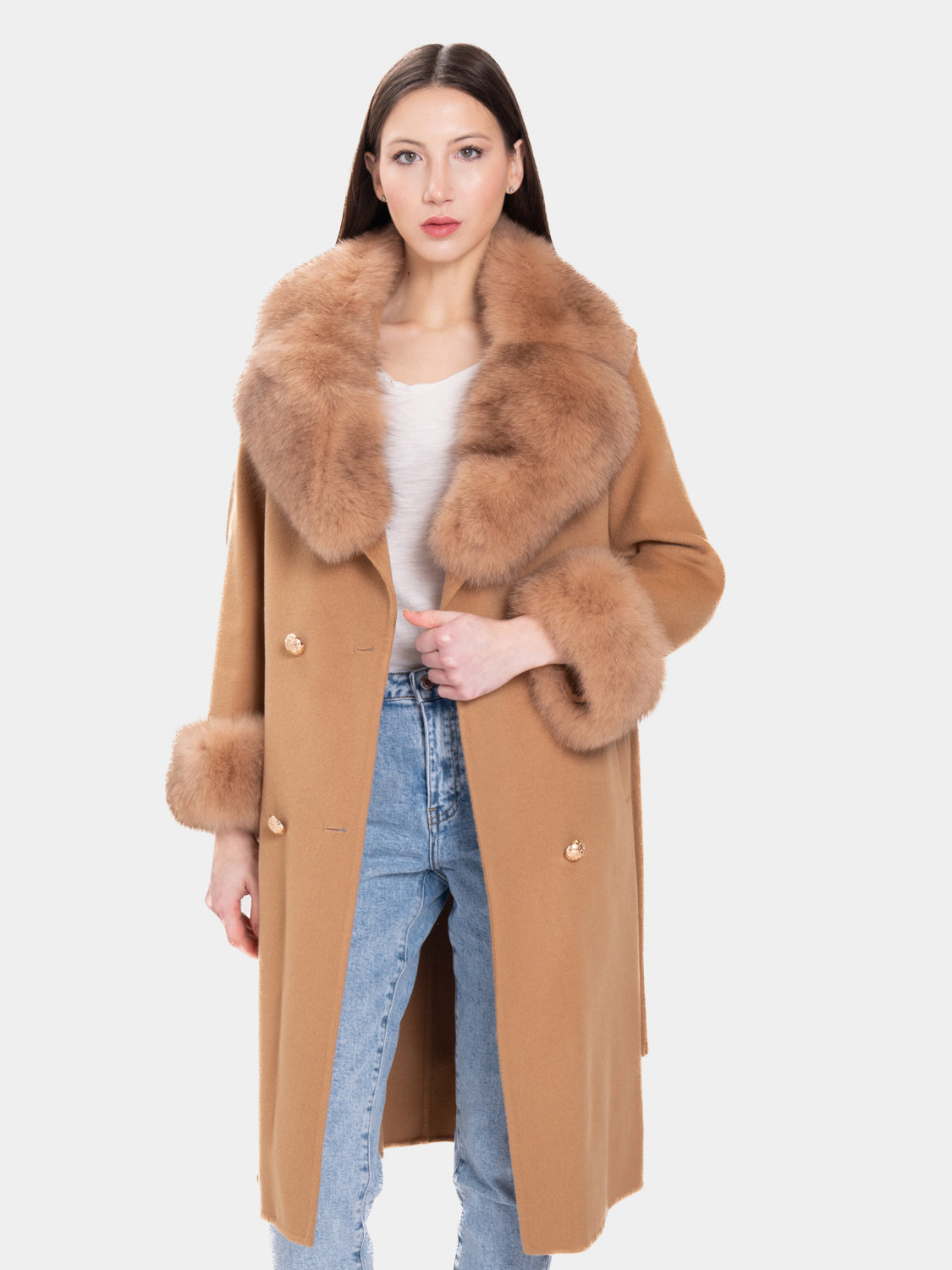 COAT - cashmere fox collar and cuffs Camel