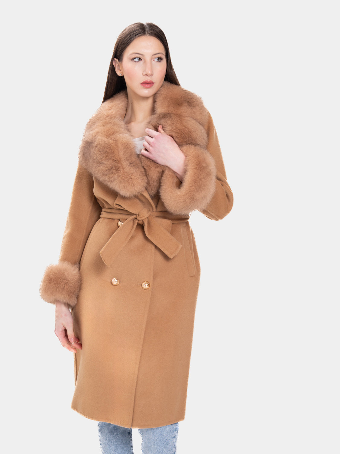 COAT - cashmere fox collar and cuffs Camel