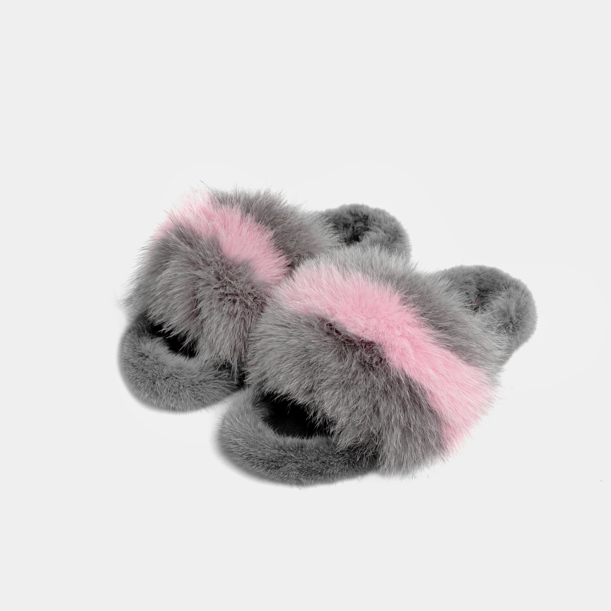 ASPEN - Gray and Pink Fox & Mink Fur Slipper