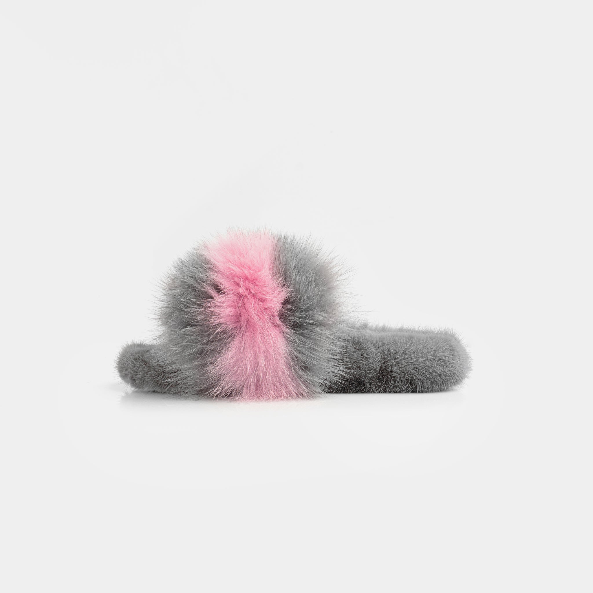 ASPEN - Gray and Pink Fox & Mink Fur Slipper