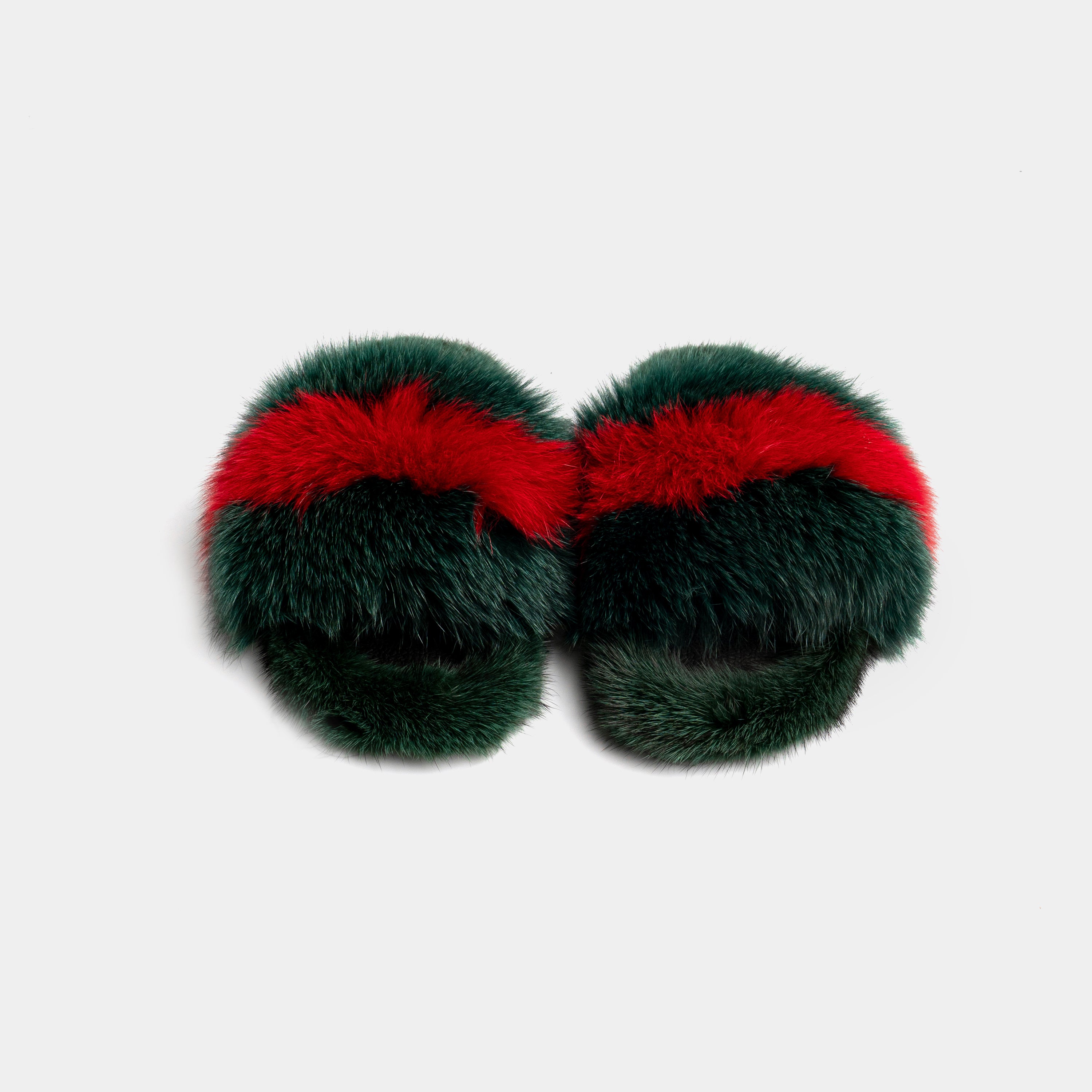 ASPEN - Red and Green Fox & Mink Fur Slipper