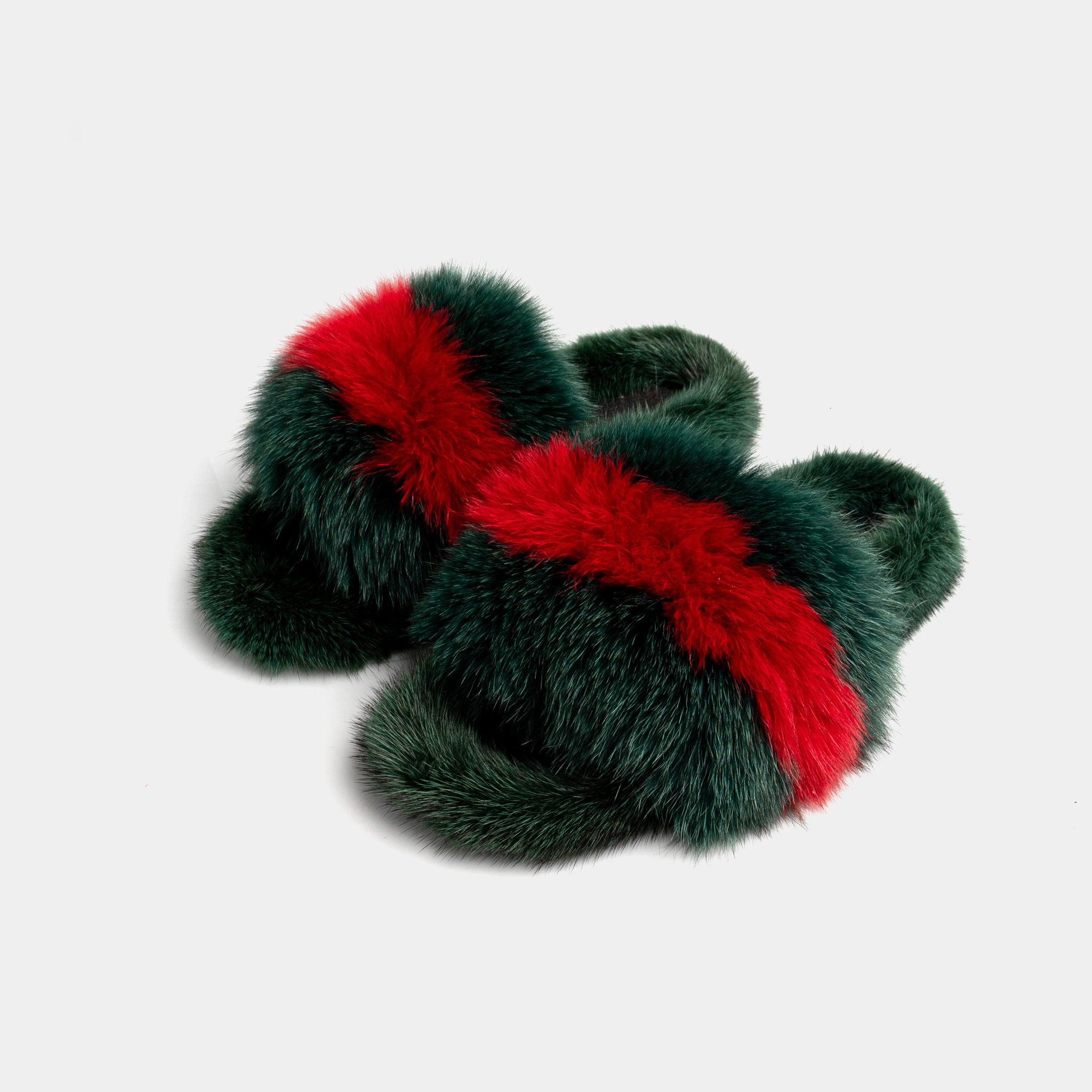 ASPEN - Red and Green Fox & Mink Fur Slipper