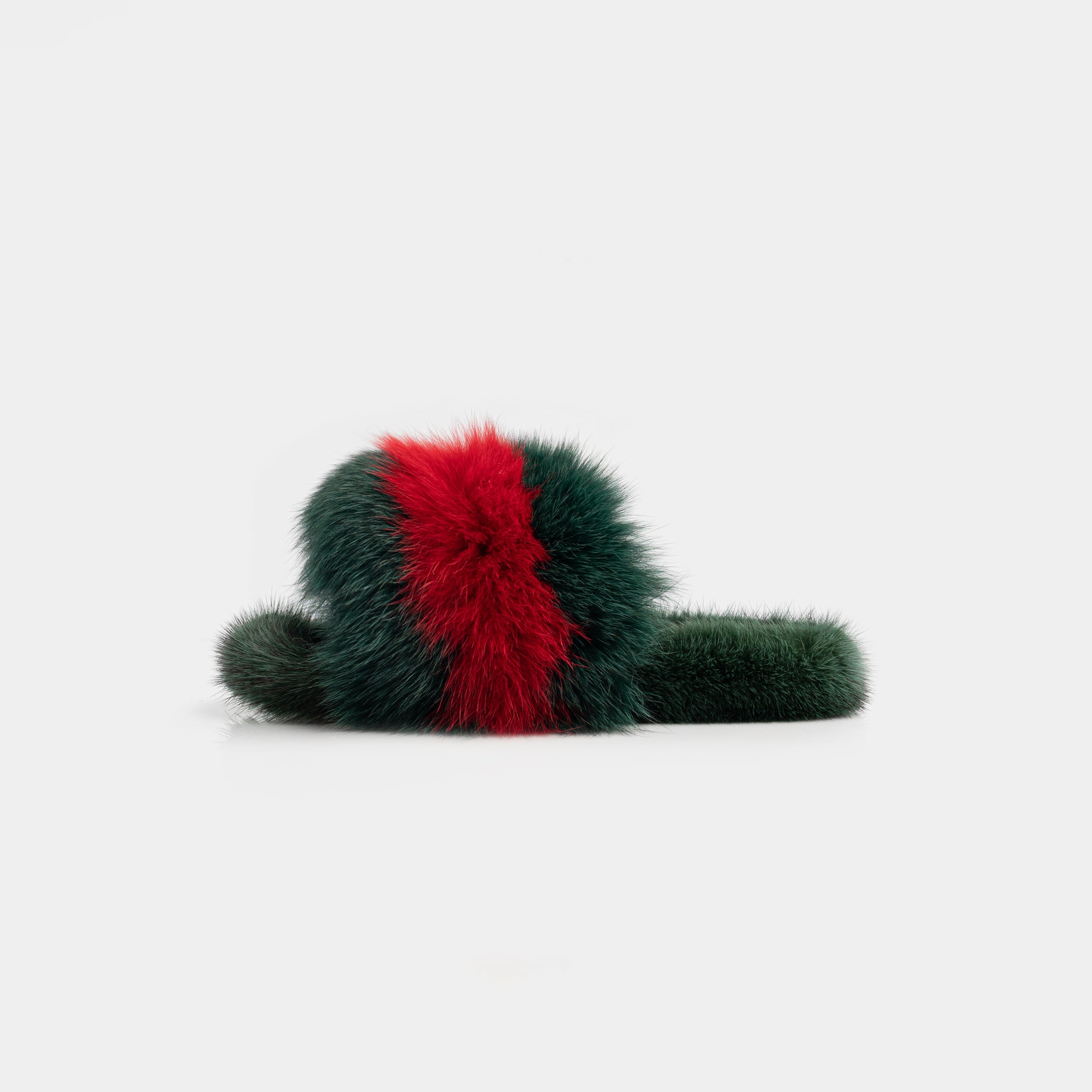 ASPEN - Red and Green Fox & Mink Fur Slipper