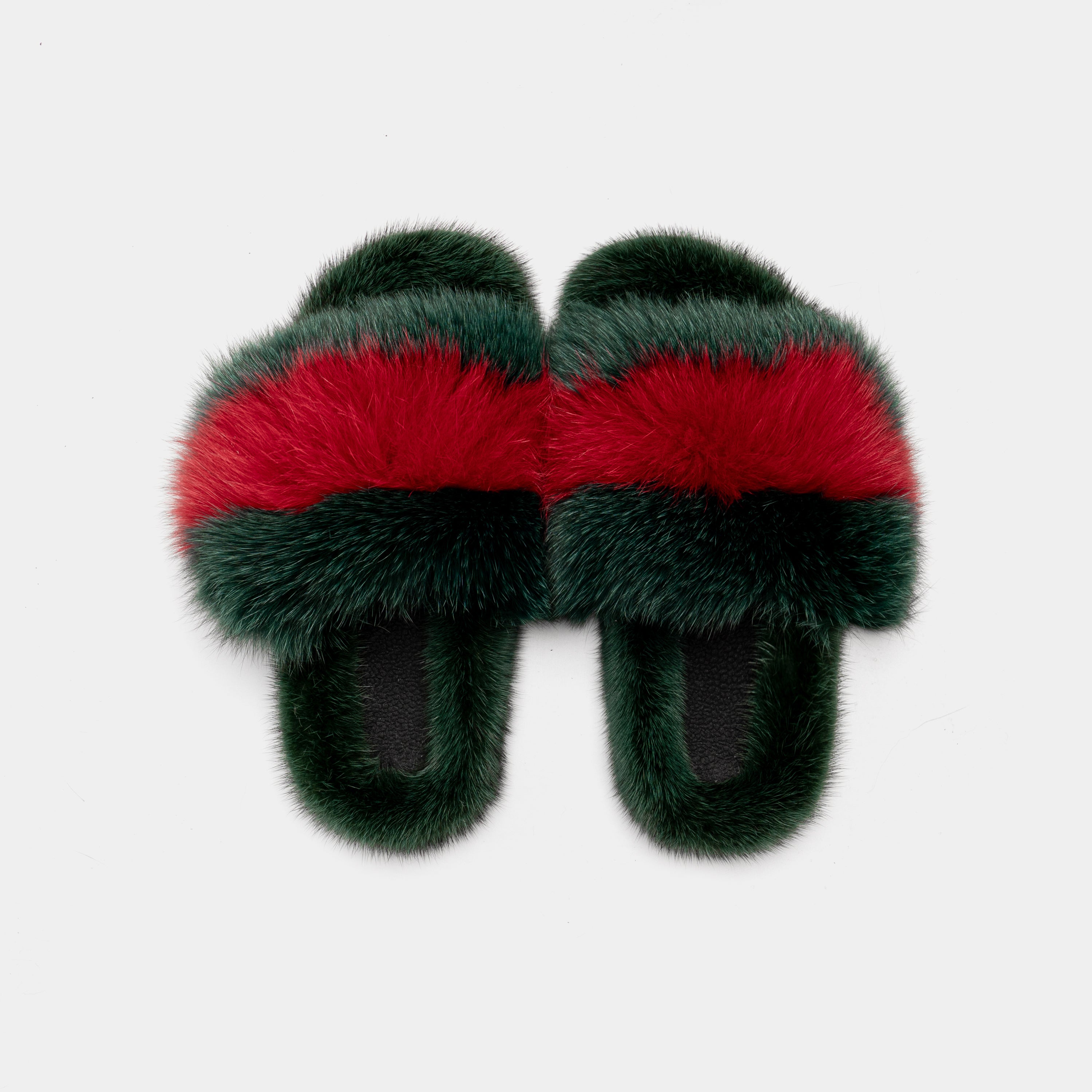 ASPEN - Slipper con Pelo di Visone & Volpe Rosso e Verde