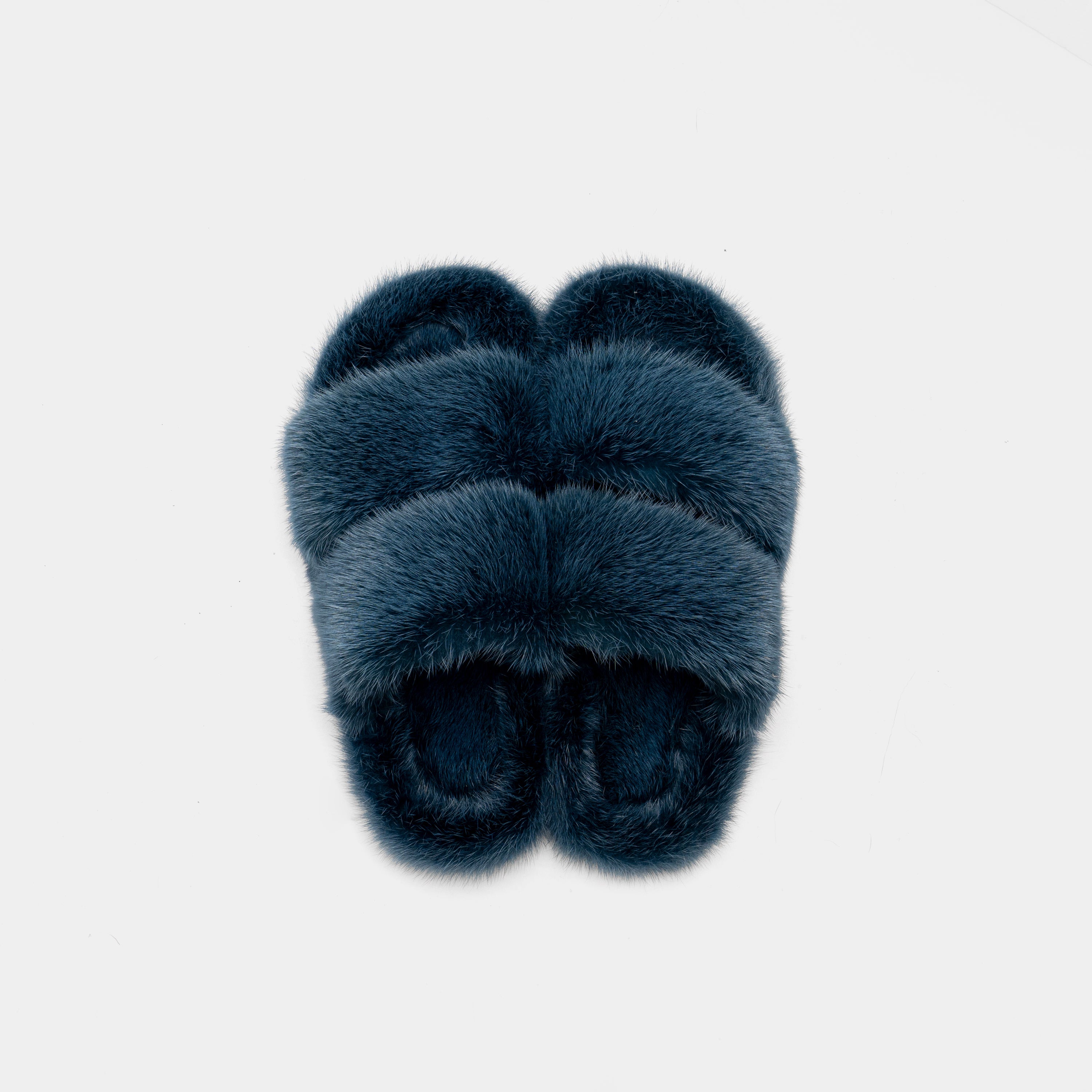 CORTINA - Slipper doppia fascia con Pelo di Visone Blu Oceano