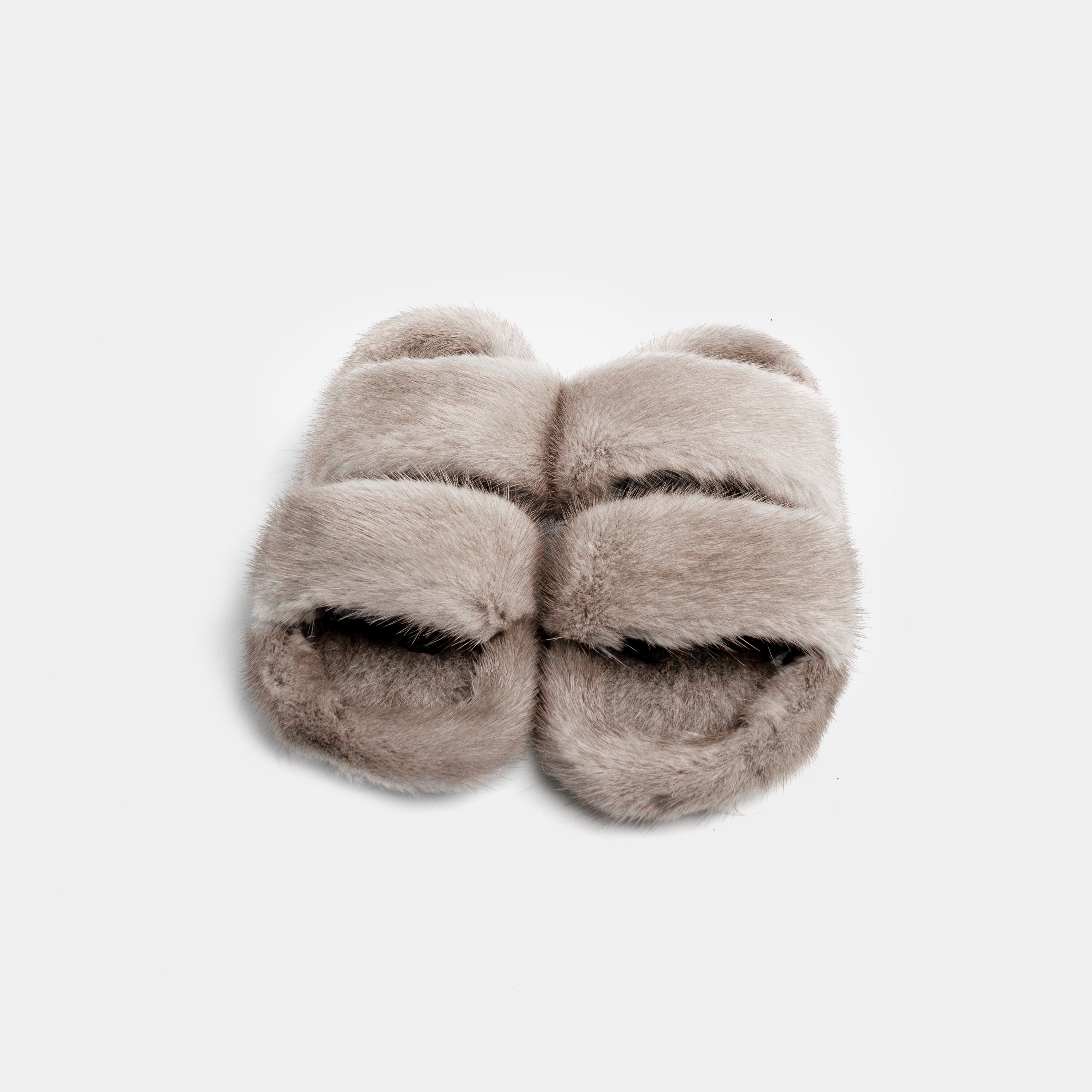 CORTINA - Slipper doppia fascia con Pelo di Visone Grigio