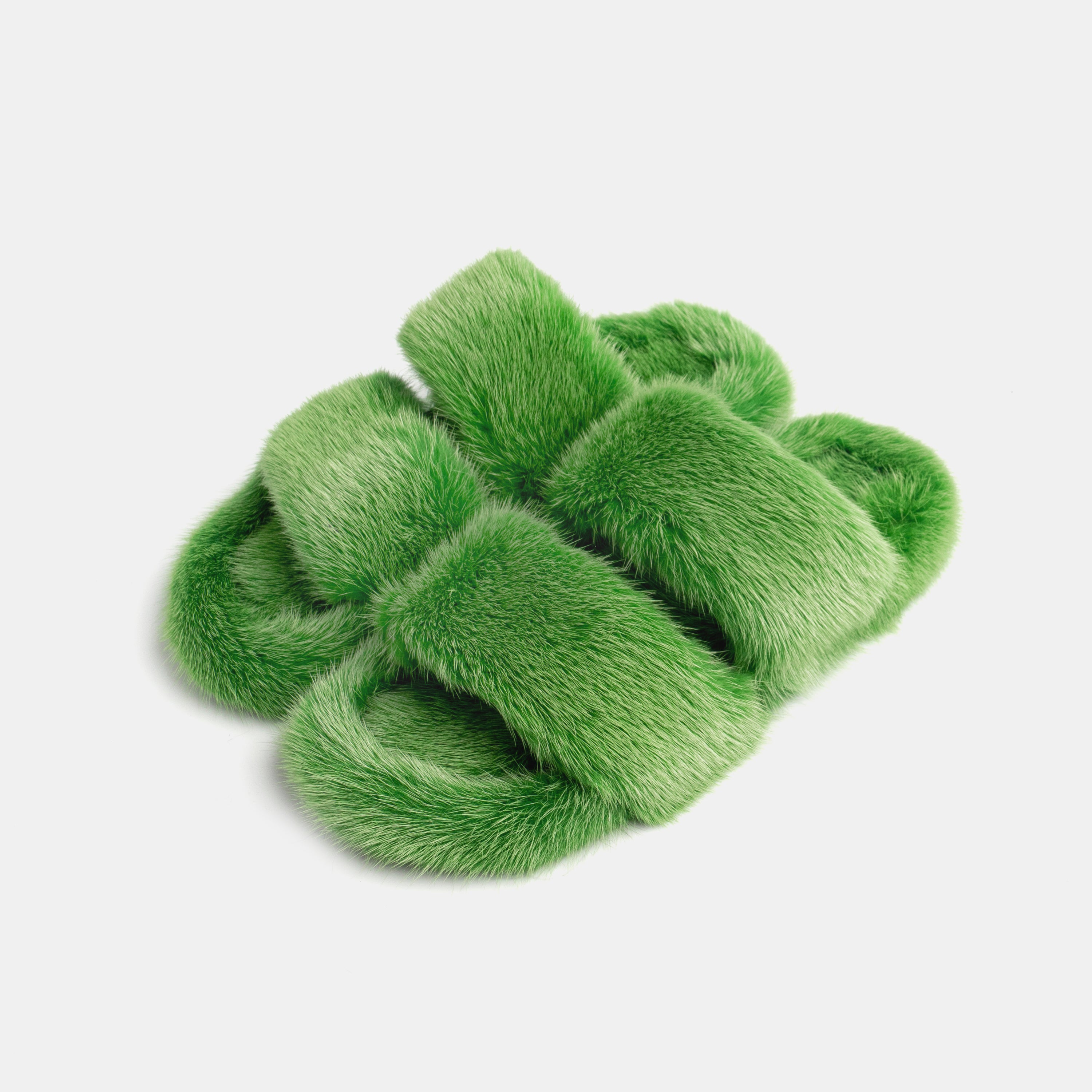 CORTINA - Double band slipper with Green Mink Fur