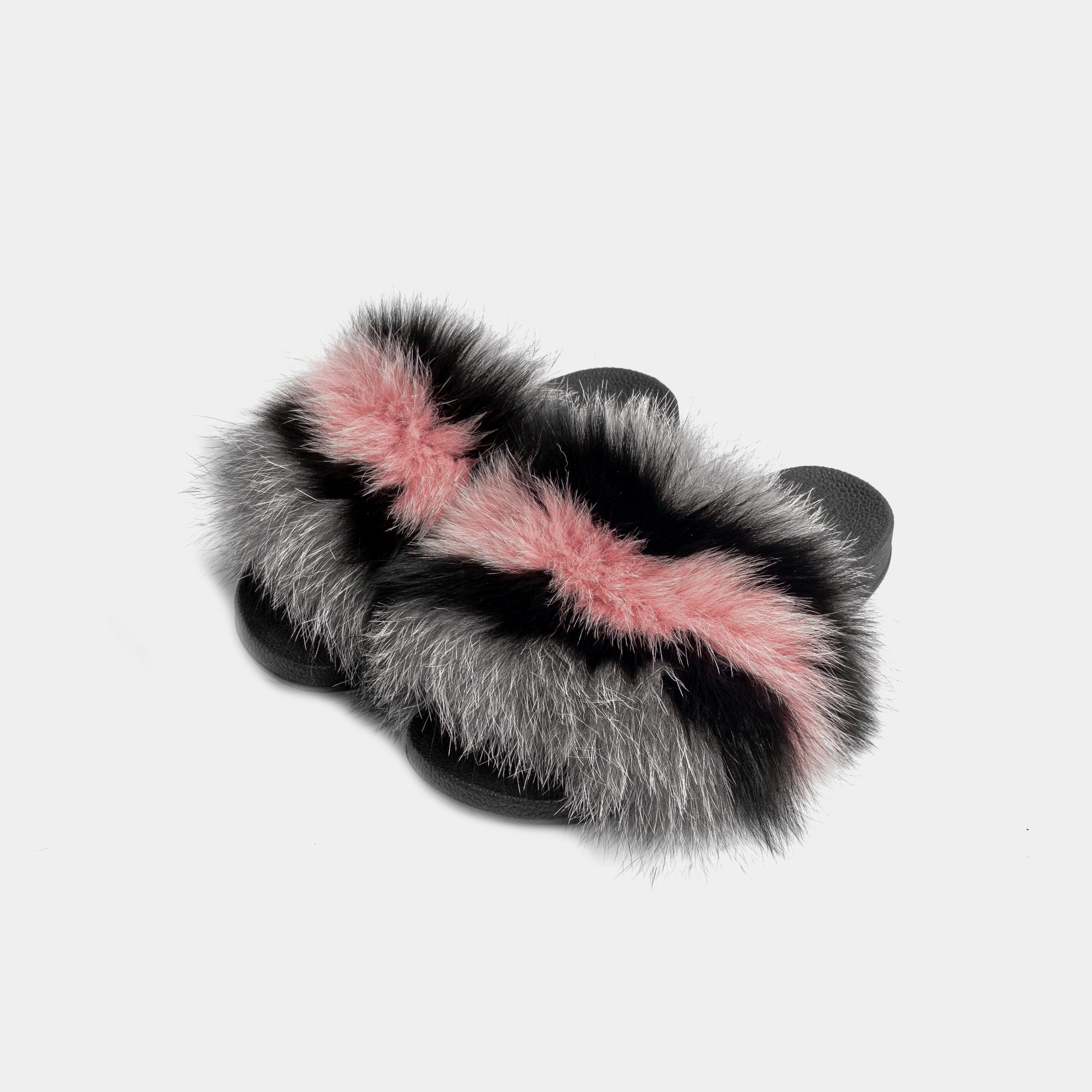 St. Moritz - Gray Black and Pink Fox Fur Slipper