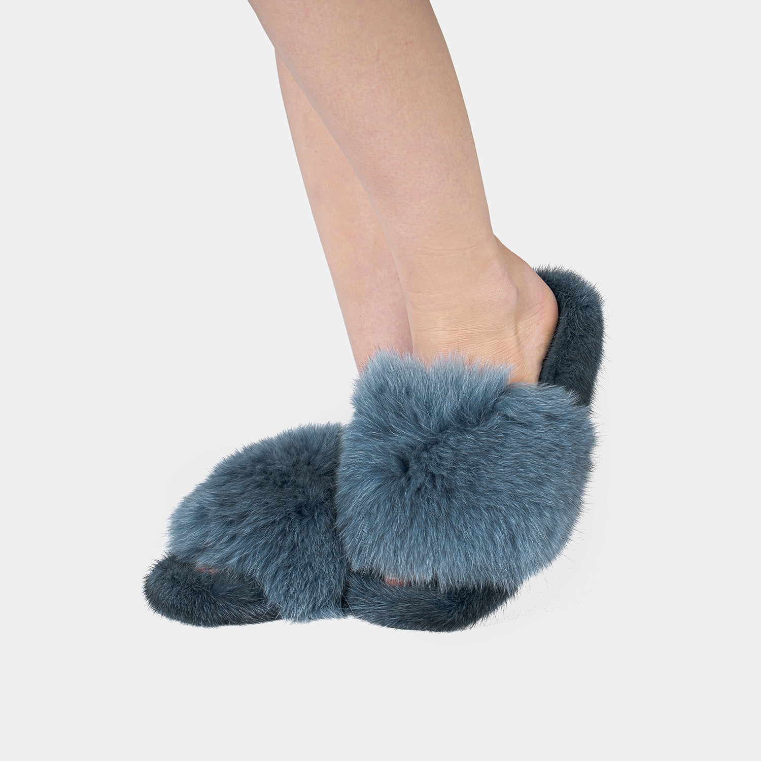 ASPEN - Slipper con Pelo di Visone & Volpe Blu Oceano