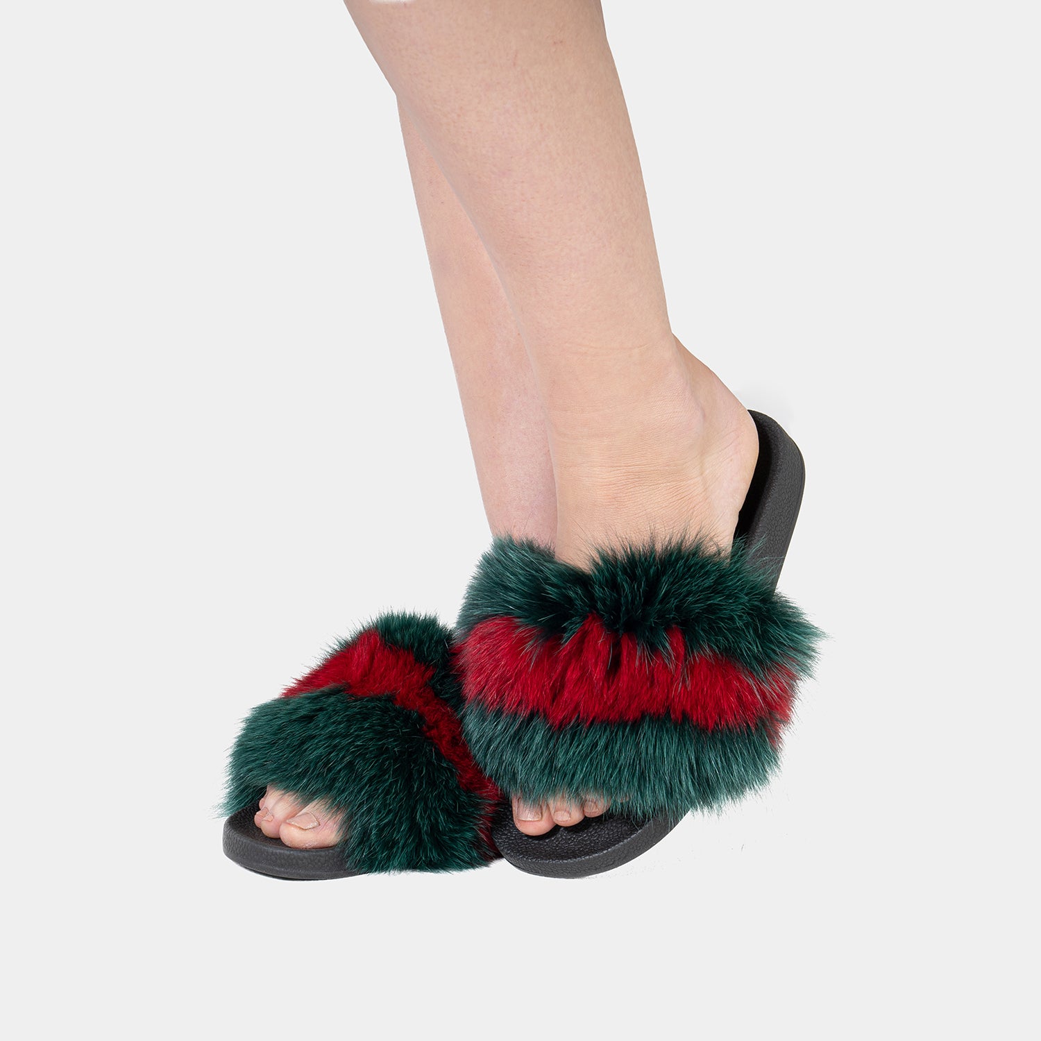 St. Moritz - Slipper Con Pelo Di Volpe Verde & Rosso