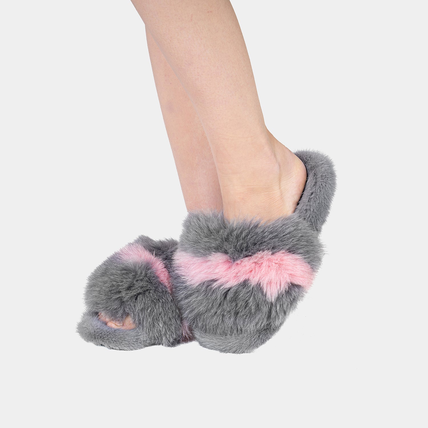 ASPEN - Gray and Pink Fox & Mink Fur Slipper