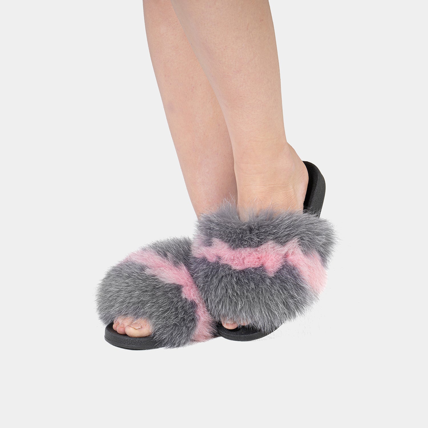 St. Moritz - Slipper Con Pelo Di Volpe Grigio & Rosa